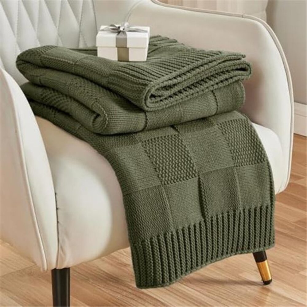 Checkered Knit Throw Blanket Olive Green Soft Cozy Couch Sofa Bed 50"X60"